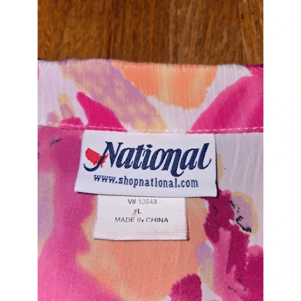 National Women XL Pink Orange Floral Spring Summer Button Down Short Sleeve Top - Picture 2 of 11